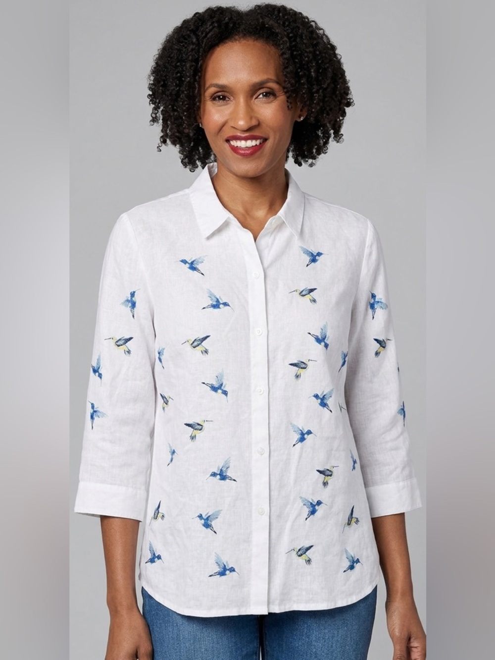 Coldwater Creek White 100% Linen Button Down blue hummingbird Blouse